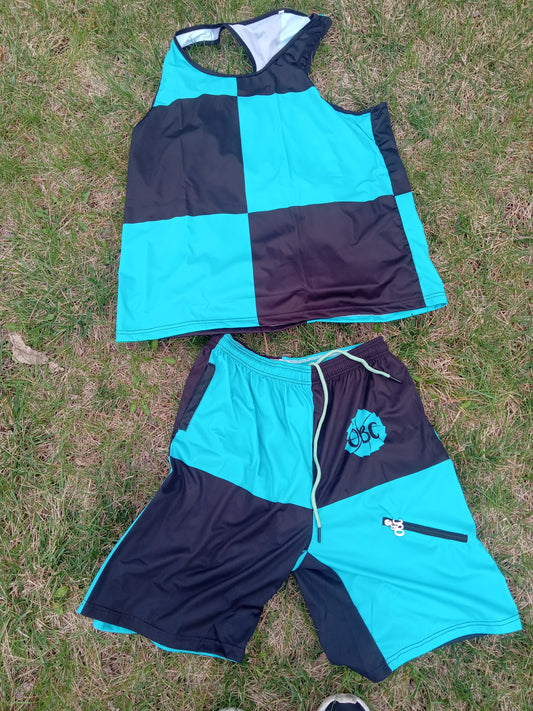 TURQUOISE CHECKBOARD SHORT SET AVAILABLE FOR ORDER IN MAY