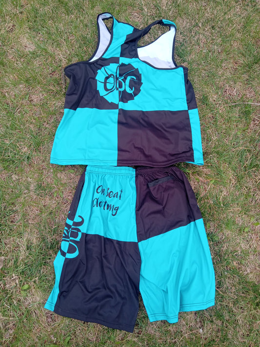 TURQUOISE CHECKBOARD SHORT SET AVAILABLE FOR ORDER IN MAY