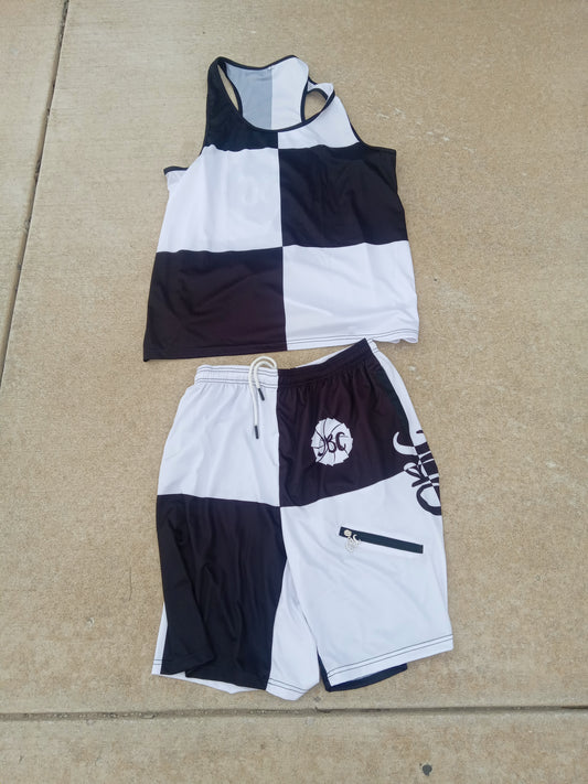 BLACK AND WHITE CHECKERBOARD SHORT SET AVAILABLE FOR ORDER IN MAY